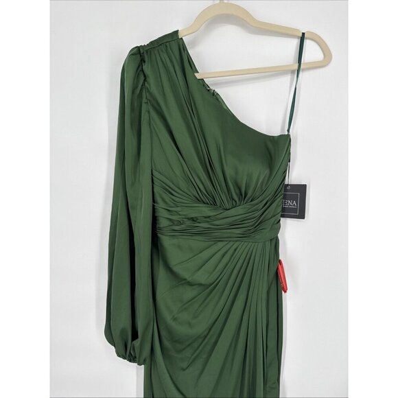 Mac Duggal Size 0 Green 11251 One Shoulder Long Sleeve Draped Charmeuse Gown - Picture 5 of 10